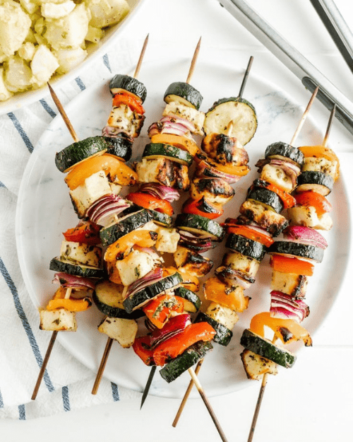 GRILLED HALLOUMI SKEWERS WITH ZUCCHINI, PEPPERS AND TOMATOES